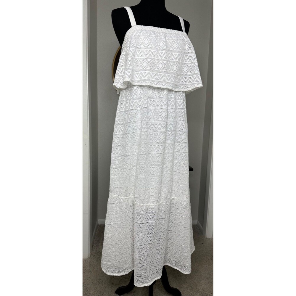 Soft Surroundings White Lace Maxi Dress Womens M Popover Ruffle Geometric Aztec